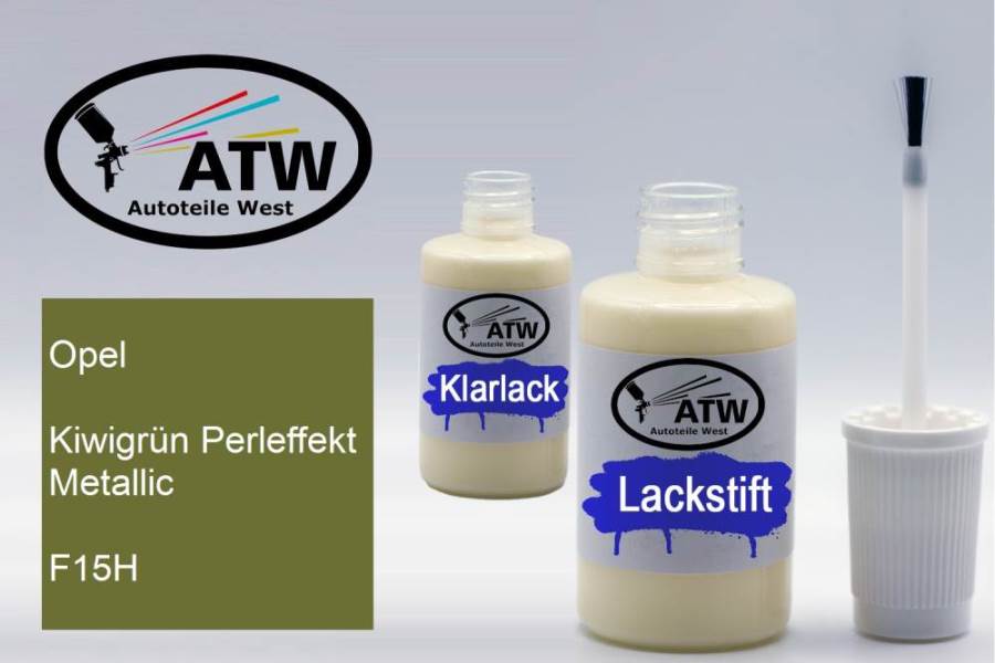 Opel, Kiwigrün Perleffekt Metallic, F15H: 20ml Lackstift + 20ml Klarlack - Set, von ATW Autoteile West.